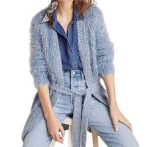 Anthropologie NWT 160.00 Larkin Shimmer Fuzzy Cardigan Slate Blue Small